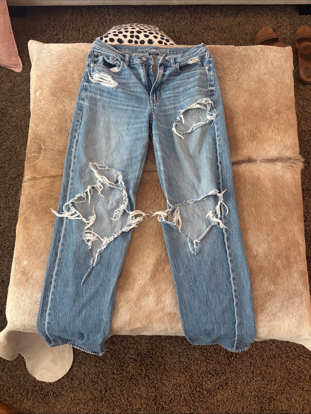 American Eagle Outfitters Light Blue Straight Leg Jeans with Distressed Details